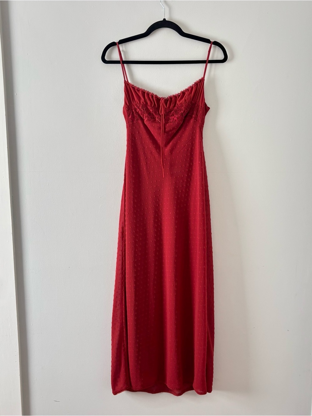 Rumored Red Lace Slip Midi Dress Open Tie Back Polka Dot Textured Classy Dressy